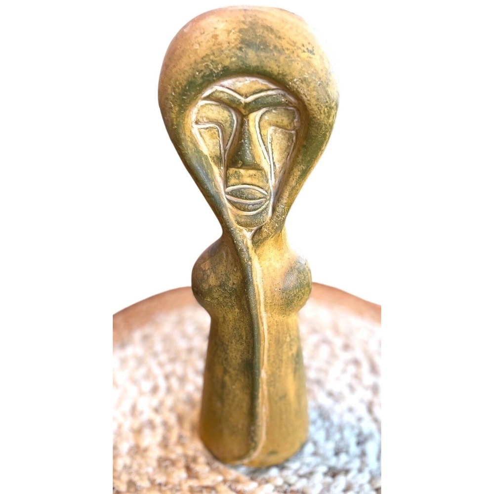 Vintage Clay Mexican Folk Art       Abstract Face Sculpture Hooded Figure Statue